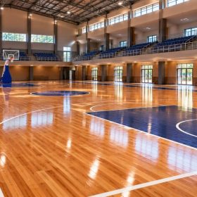 Lantai Lapangan Basket - Harga, Jenis dan Jasa Pasang Profesional 2026 2 Lantai lapangan basket indoor dari kayu dengan garis biru di gedung olahraga