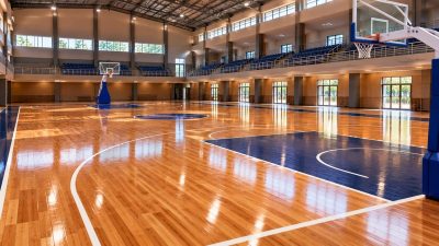 Lantai lapangan basket indoor dari kayu dengan garis biru di gedung olahraga