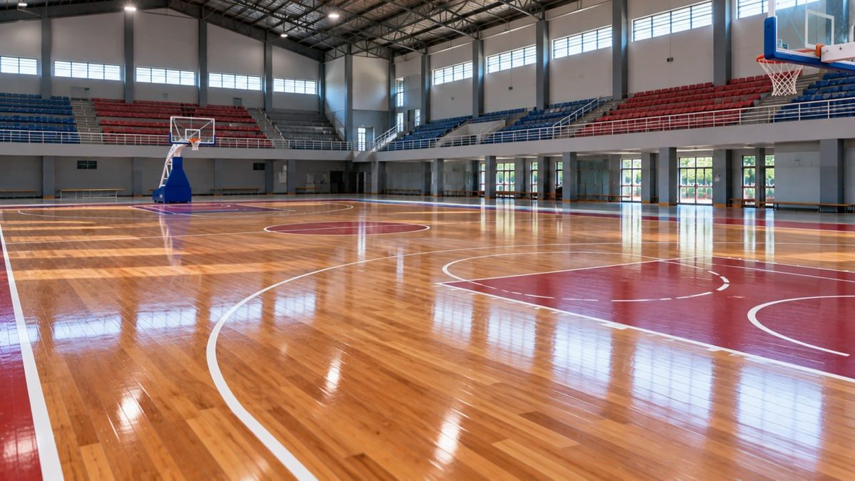 Lantai lapangan basket sekolah di GOR dengan parket kayu dan garis lapangan yang rapi