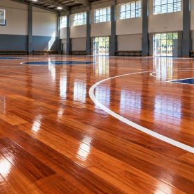 Lantai Interlock vs Parket Basket: Mana yang Terbaik? 2026 10 Lapangan basket indoor dengan lantai parket kayu kemerahan