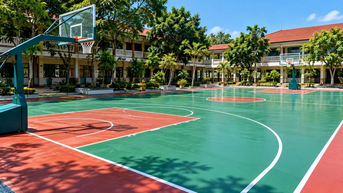 Basketball Court Flooring Indonesia: FIBA Specs & Price 7 Outdoor basketball court with green and red synthetic surface surrounded by trees