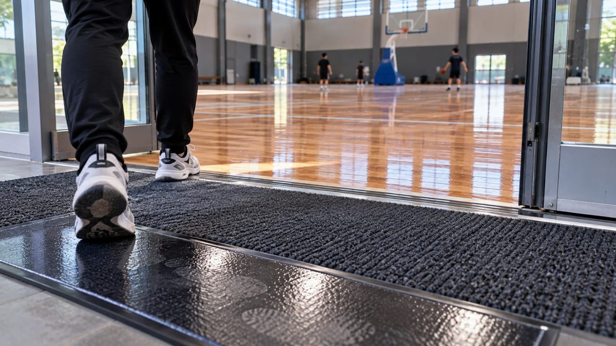 Basketball Court Flooring Indonesia: FIBA Specs & Price 2 Technician inspecting the surface of an installed indoor parquet basketball court
