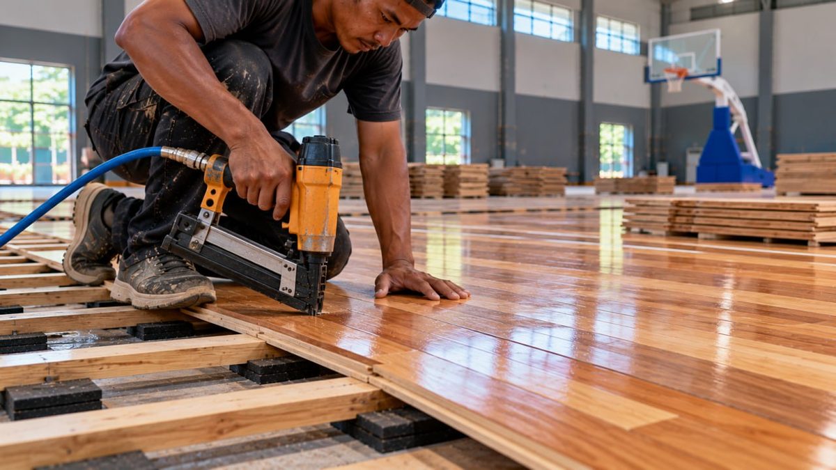 Kontraktor Lapangan Basket Surabaya Spesialis Lantai Kayu 4 Pemasangan papan parket lapangan basket memakai paku tembak di atas subfloor