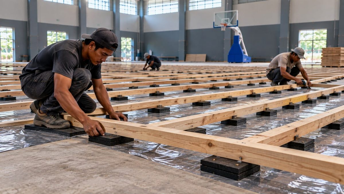 Cara Meminimalkan Suara & Getaran Lantai Parket Basket 3 Pemasangan rangka subfloor di atas bantalan karet lapangan basket
