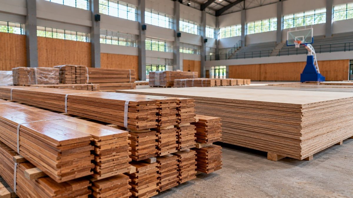 Lantai Kayu Gresik: Harga & Jasa Pasang 2026 3 Tumpukan papan parket kayu siap pasang