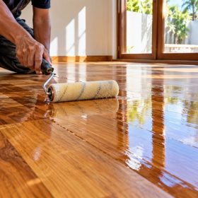 Jasa Poles Lantai Kayu Surabaya: Refinishing Parket Rp185.000/m2 2 Tukang mengaplikasikan coating pada lantai parket dengan roller