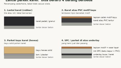 Penampang lantai karet, karet motif kayu, parket kayu karet hevea, dan SPC di atas underlay