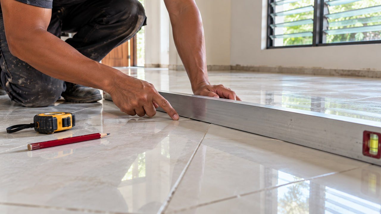 Cara Pasang Lantai Vinyl: Sistem Lem, SPC Klik, dan Stiker 2 Tukang memeriksa kerataan lantai keramik dengan jidar aluminium sebelum pasang vinyl