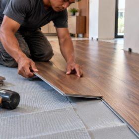 Jasa Pasang Vinyl Surabaya dan Lantai SPC: Tarif per m2 2026 5 Tukang memasang papan SPC motif kayu sistem klik di atas underlayer
