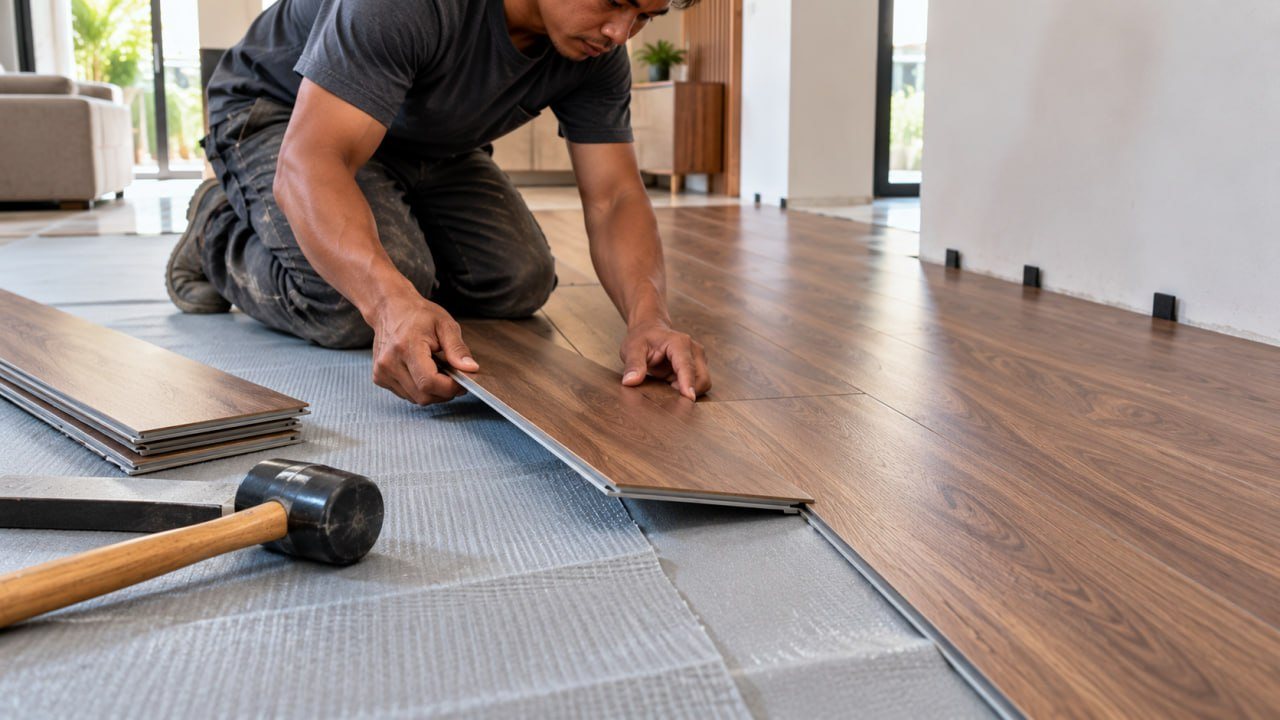 Cara Pasang Lantai Vinyl: Sistem Lem, SPC Klik, dan Stiker 3 Tukang memasang papan SPC motif kayu sistem klik di atas underlayer