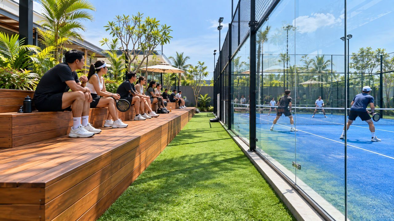 Lantai Kayu Lapangan Padel: Aturan FIP, Area yang Tepat, dan Harga 2026 3 Deck penonton kayu yang ditinggikan di samping dinding kaca lapangan padel
