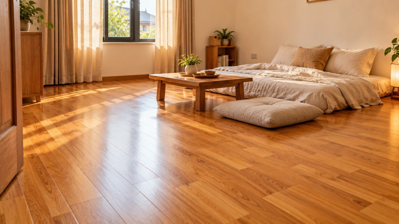 Lantai Kayu ala Korea: Pilihan Warna, Bahan, dan Biaya Kamar 3x4 m 3 Kamar lesehan dengan lantai kayu jati warna madu dan meja pendek