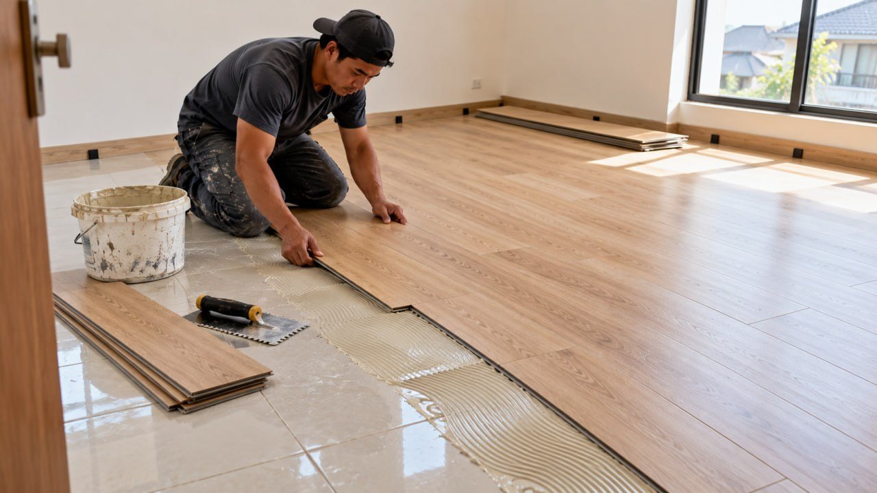 Lantai Kayu ala Korea: Pilihan Warna, Bahan, dan Biaya Kamar 3x4 m 5 Tukang memasang vinyl plank motif kayu terang di atas keramik lama