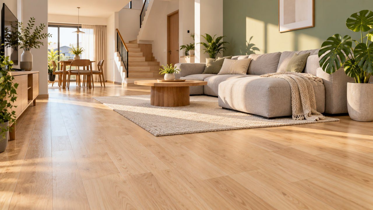 Lantai Kayu ala Korea: Pilihan Warna, Bahan, dan Biaya Kamar 3x4 m 4 Ruang keluarga dengan lantai kayu terang, sofa abu muda, dan dinding aksen hijau sage