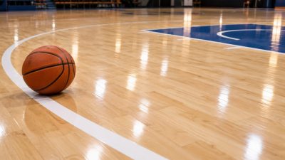 Lantai kayu maple lapangan basket warna terang dengan bola basket