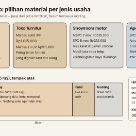 Lantai Kayu Toko, Butik, dan Showroom: Material dan Harga 2026 2 Diagram pilihan lantai kayu toko per jenis usaha (butik, toko furnitur, showroom motor, apotek/minimarket) dan contoh ruko 5 x 15 m dengan harga terpasang per m2