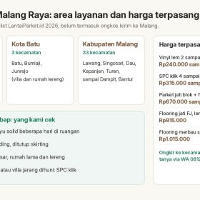 Lantai Parket Malang: Harga per m2, Kecamatan, dan Jasa Pasang 4 Area layanan lantai parket Malang di Kota Malang, Kota Batu, dan Kabupaten Malang dengan harga terpasang per m2 vinyl, SPC, dan parket jati