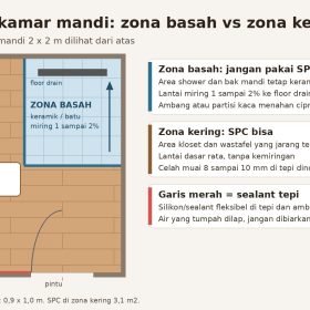 Lantai SPC Kamar Mandi: Bisa, Asal Tahu Zona Basah dan Keringnya 2 Denah kamar mandi 2 x 2 m: zona basah shower berlantai keramik dengan floor drain, zona kering kloset dan wastafel berlantai SPC