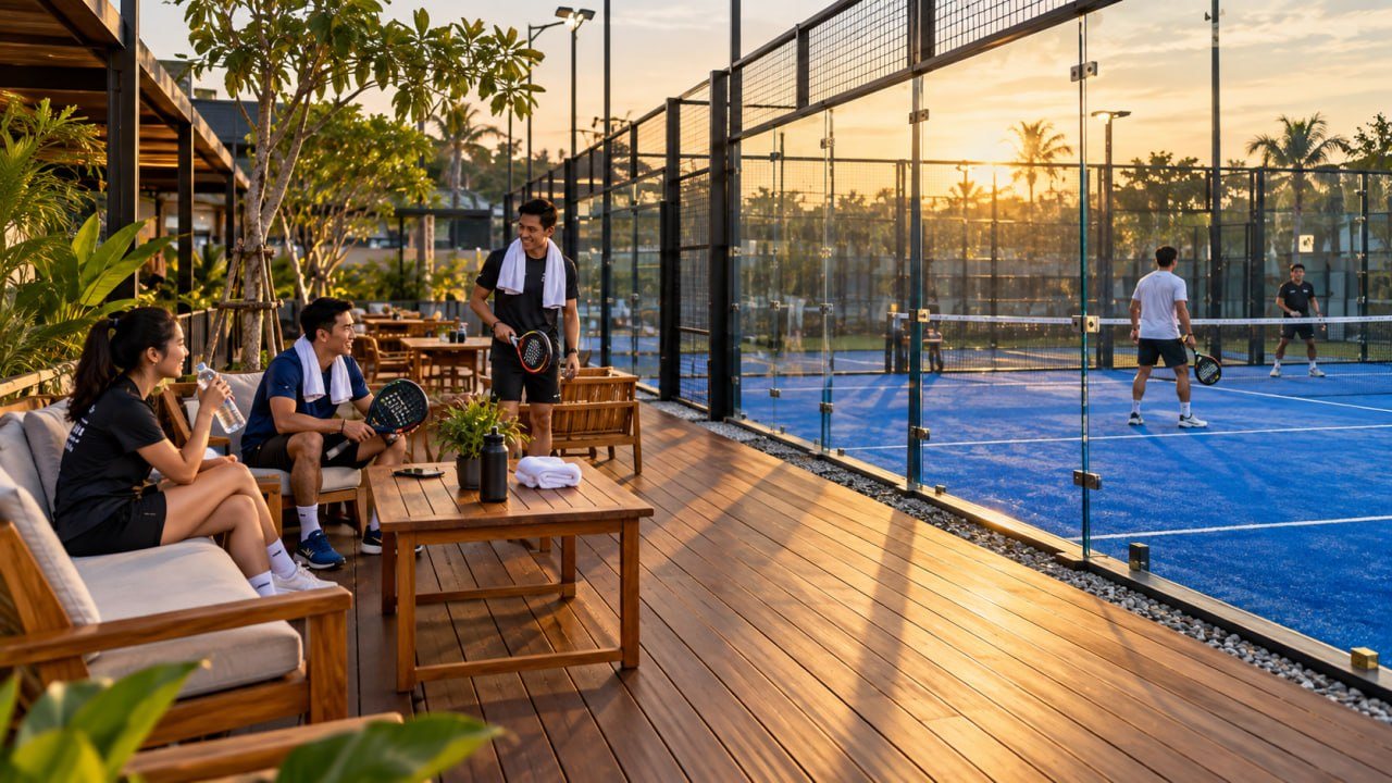 Lantai Kayu Lapangan Padel: Aturan FIP, Area yang Tepat, dan Harga 2026 2 Lounge decking kayu di sisi lapangan padel outdoor saat sore