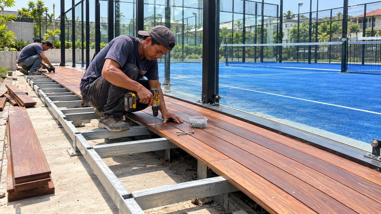Lantai Kayu Lapangan Padel: Aturan FIP, Area yang Tepat, dan Harga 2026 7 Tukang memasang papan decking kayu di atas rangka galvanis di samping lapangan padel