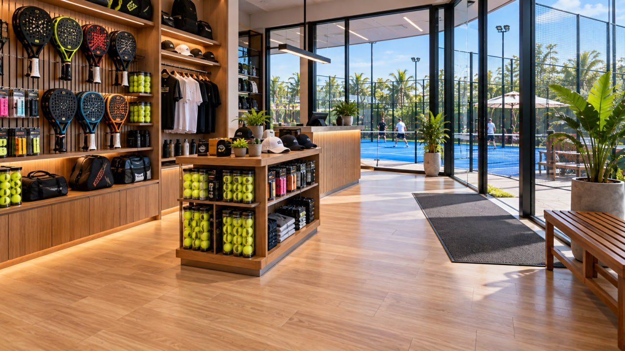 Lantai Kayu Lapangan Padel: Aturan FIP, Area yang Tepat, dan Harga 2026 6 Pro shop klub padel dengan lantai motif kayu, rak raket, dan keset di pintu masuk