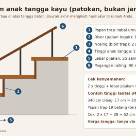 Tangga Kayu Kediri: Papan Jati Perhutani, Railing dan Jasa Pasang 6 Diagram ukuran umum anak tangga kayu: papan trap 3 cm, riser, nosing, tinggi 15 sampai 19 cm, lebar pijakan 25 sampai 30 cm